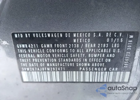 2015 Volkswagen Jetta 2.0L S из США, поврежденный, VIN 3VW2K7AJ8FM292471